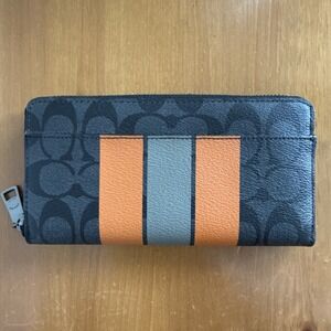 Coach Signature Accordion Zip Around Wallet Charcoal Orange Large‎ Striped NWT